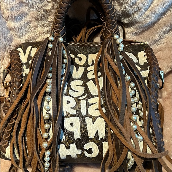 LOUIS VUITTON Speedy 25 Purse LV Monogram Graffiti Boho Pearl Fringe Bag HOST PK - Picture 5 of 16